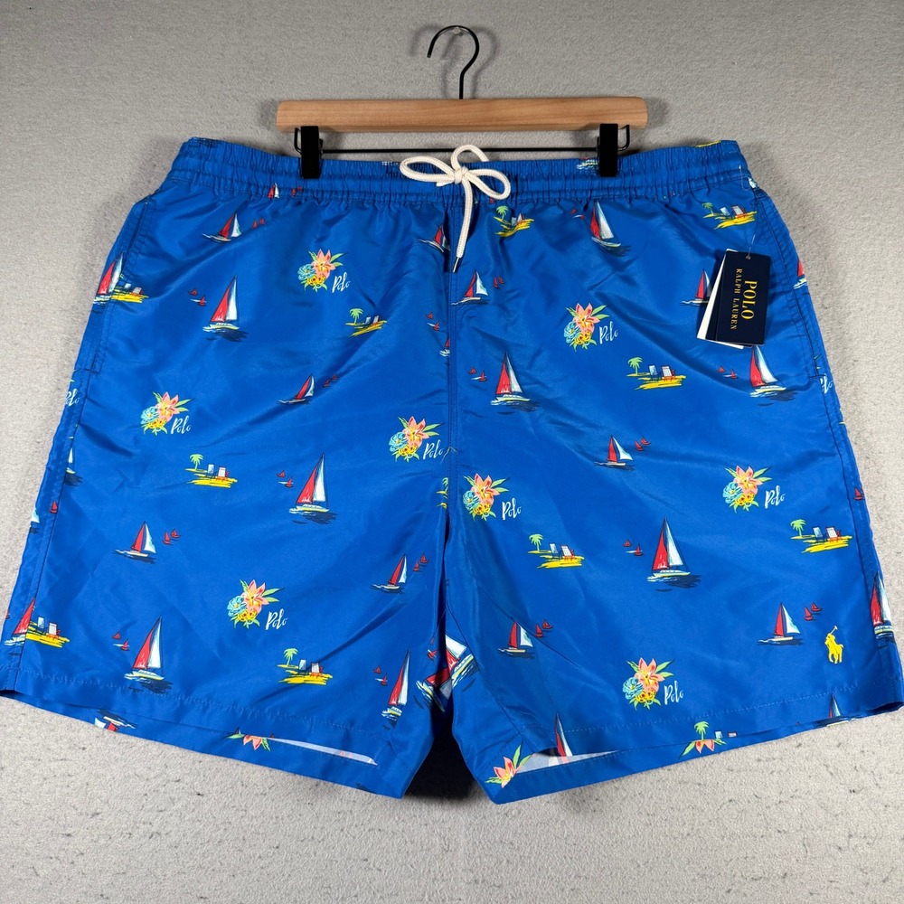Polo Ralph Lauren Sur La Plage Mens Sailboat Floral Swim Trunks Blue 2XLT New